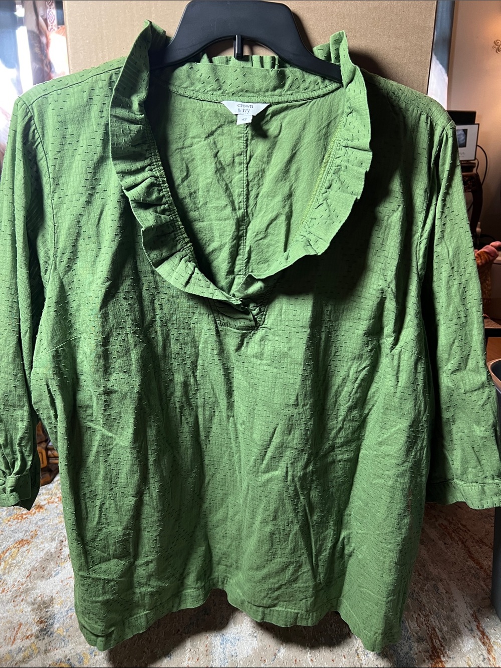 crown & ivy Olive Green Ruffled V-Neck Casual Button-Down Shirt
